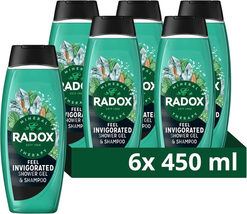 Radox Mineral Therapy Feel Invigorated 2in1 Shower Gel Shampoo Mens Body Wash with sea salt cedarwood mint scent for a refreshing experience 6x 450 ml