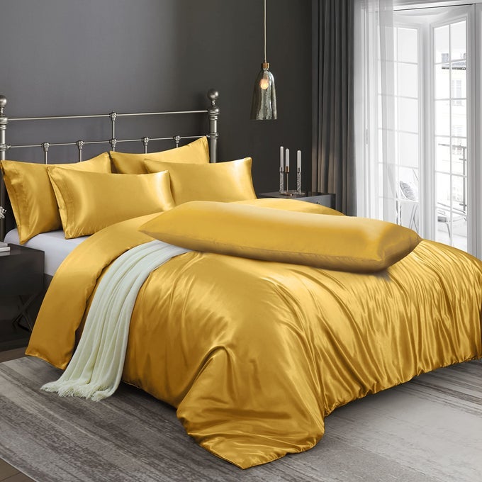 6 PIECES SATIN DUVET COVER FULLQUEEN SIZE LUXURY SILKY BEDDING DUVET COVER SET WITH 1 SOFT DUVET COVER 4 QUEEN PILLOWCASES AND 1 BODY PILLOWCASE GOLD