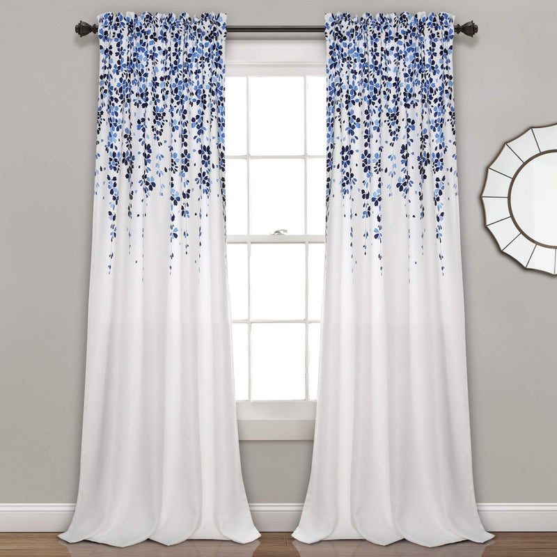 Lush Decor Weeping Flower Light Filtering Window Curtain Panels, Pair, 52"W x 84"L + 2" Header, Navy & Blue - Charming Modern Floral Curtains for Living Room, Dining Room, & Bedroom - Image 1