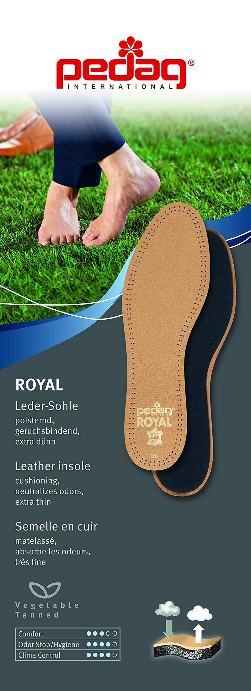 Pedag Royal | Genuine Lambskin Leather Insoles | Made in Germany | Vegetable-Tanned Leather | Activated Carbon for Anti-Odor | Latex Foam Padding | Thin & Absorbent | US Men 15/ EU 48 | Tan - Image 2
