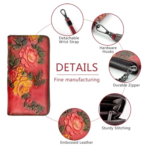 SHARPAD Wallet Genuine Leather for Women - with RFID Blocking Card checkbook ID Slot Large Capacity Vintage style (rose red) - Image 4