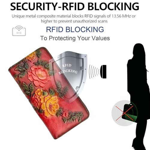 SHARPAD Wallet Genuine Leather for Women - with RFID Blocking Card checkbook ID Slot Large Capacity Vintage style (rose red) - Image 2