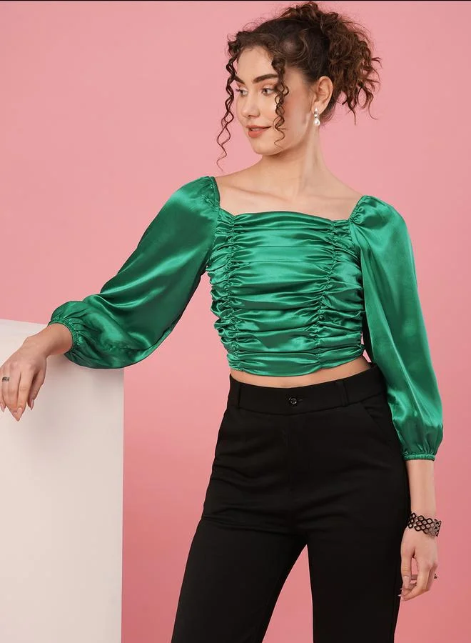 globus Solid Satin Ruched Detail Puff Sleeve Crop Top