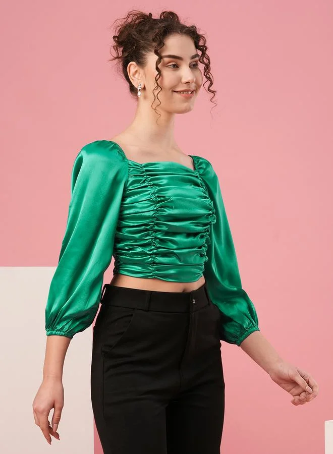globus Solid Satin Ruched Detail Puff Sleeve Crop Top