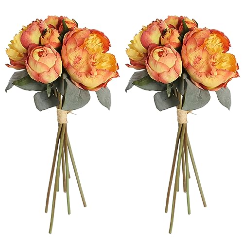ICBOX Fake Peonies 2 Bouquets Vintage Silk Peonies Flower 14 Heads Orange Artificial Flowers with Stems for Terracota Wedding Decoration Flowers Crafts Floral Arrangement Orange - Image 1