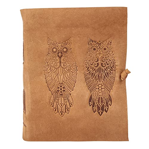 KomalC Leather Journal for women and men embossed 8 x 6 inch Handmade Deckle Edge Vintage Paper Owl notebook writing notepad book of shadows journal (Brown) - Image 1