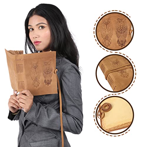 KomalC Leather Journal for women and men embossed 8 x 6 inch Handmade Deckle Edge Vintage Paper Owl notebook writing notepad book of shadows journal (Brown) - Image 3
