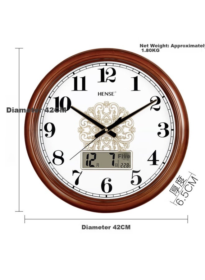 Hense Chinese Style Solid Wood Wall Clock Living Room Household Perpetual Calendar Wall Clock With Temperature Clock Hw91 With Calendar 42cm - Image 2