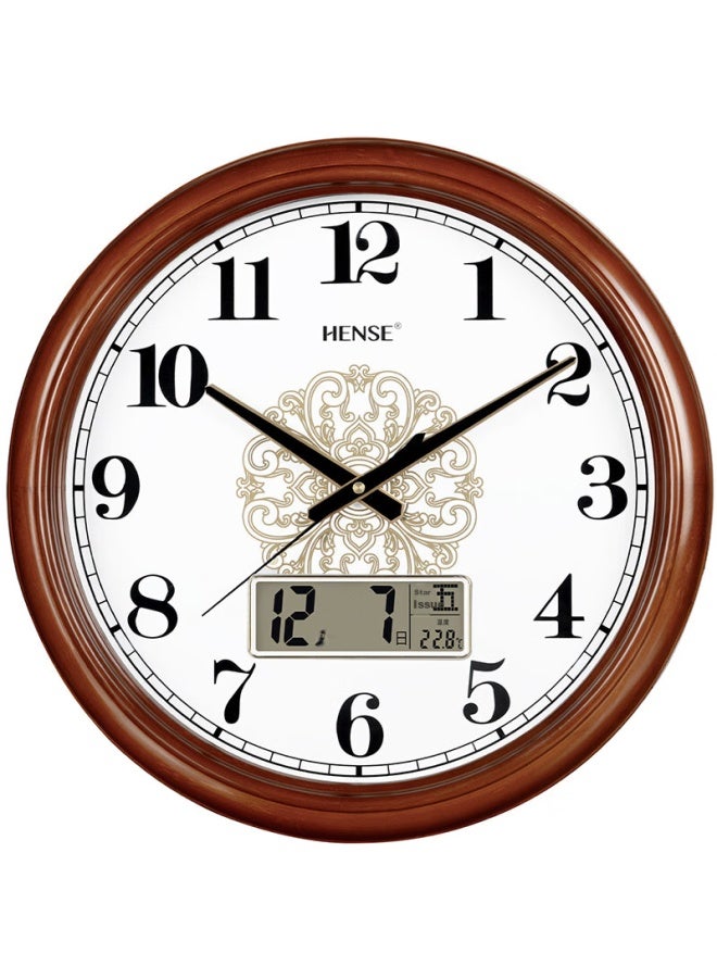 Hense Chinese Style Solid Wood Wall Clock Living Room Household Perpetual Calendar Wall Clock With Temperature Clock Hw91 With Calendar 42cm - Image 1