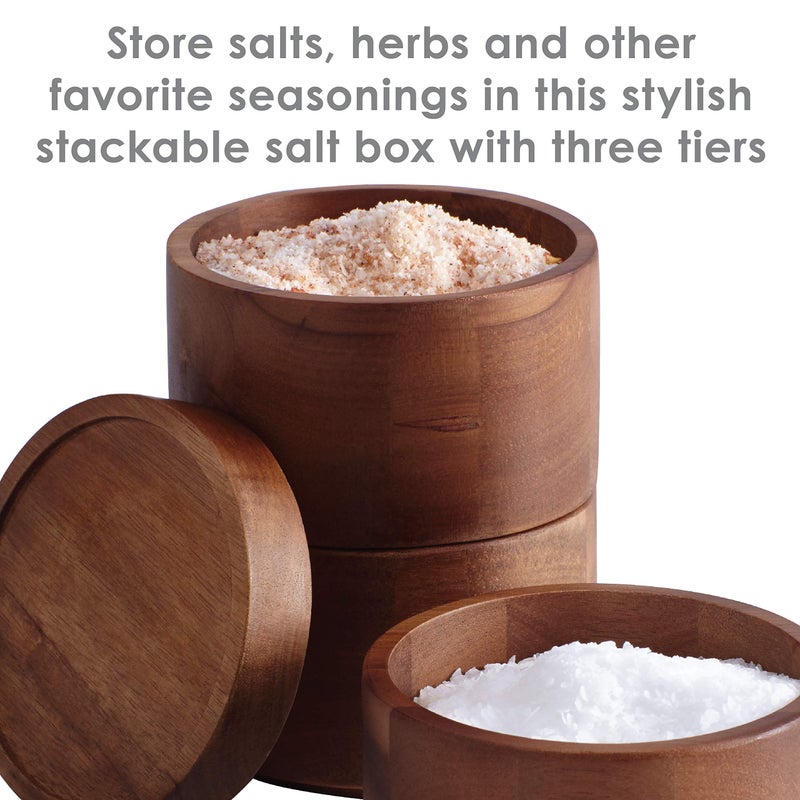 Rachael Ray Pantryware Wood Salt Cellar Stacking Set / Wood Salt Box Stacking Set3 piece, Brown - Image 4
