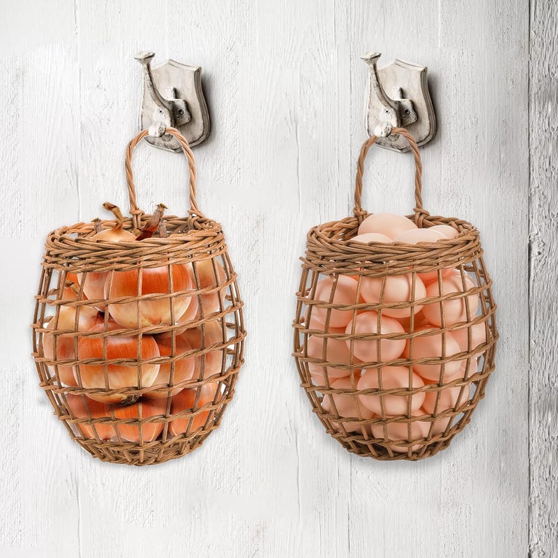 Elsjoy Set of 2 Hanging Onion Basket, Wall Mount Small Wicker Baskets for Food Storage, Woven Rattan Basket for Kitchen, Pantry, Home Decor - Image 5