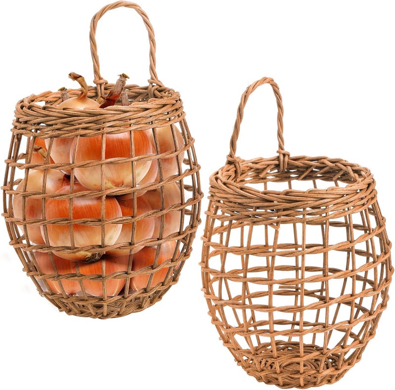Elsjoy Set of 2 Hanging Onion Basket, Wall Mount Small Wicker Baskets for Food Storage, Woven Rattan Basket for Kitchen, Pantry, Home Decor - Image 1