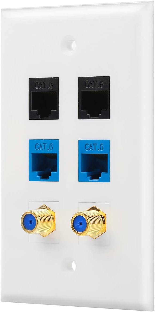 IBL -2 Port Gold-Plated Coaxial TV Cable F Type + 4 Port Cat6 Ethernet Female to Female Jack Wall Plate in White - Image 1