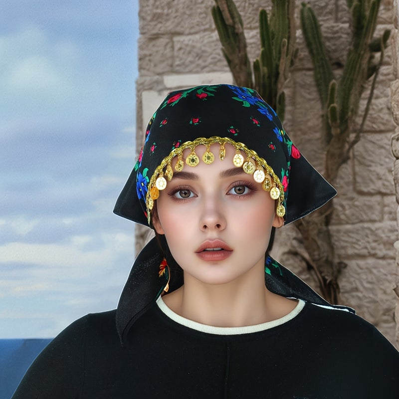 حجاب بتصميم زهور الفاوانيا الأنيق مع إكسسوارات لامعة ذهبية فاخرة - قابل للتنفس، واقٍ من الغبار، خفيف الوزن لفصل الصيف للنساء - Image 1