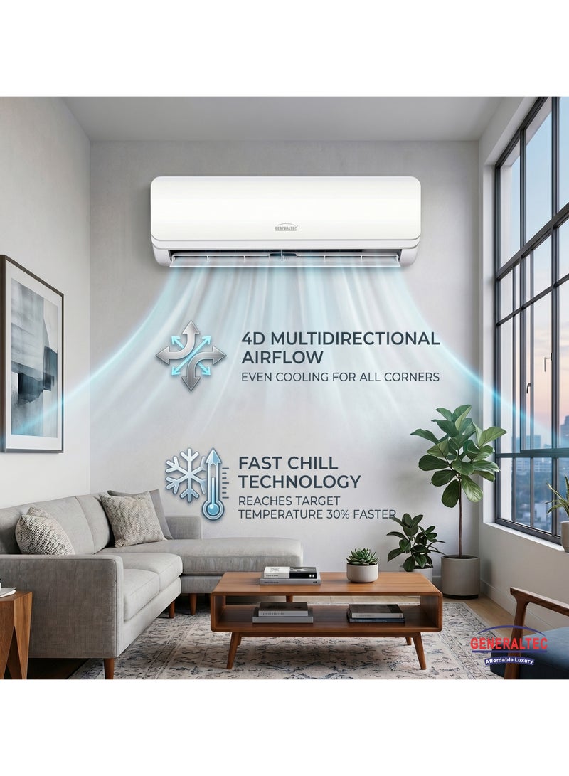 Generaltec 0.75 Ton Inverter Split Air Conditioner GSIAC9LT3, 9000 BTU, Rotary DC Inverter, R410A, Fast Cooling, 4 Way Swing, Golden Fin, Low Noise, With Copper Pipe Kit - Image 4