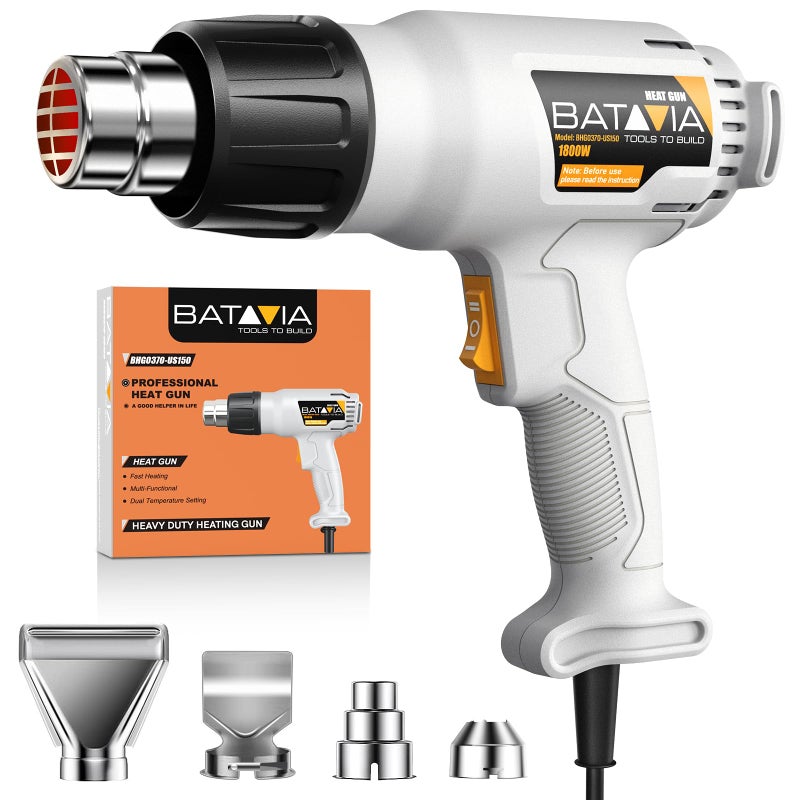 Batavia Heat Gun - BATAVIA Dual Protection Fuses 1800W Heavy Duty Fast Heat Hot Air Gun with 752â„‰&1112â„‰ Dual-Temperature Settings and 4 Nozzles with Overheat Protection for Crafts, Vinyl Wrap, Shrink Tubing - Image 1