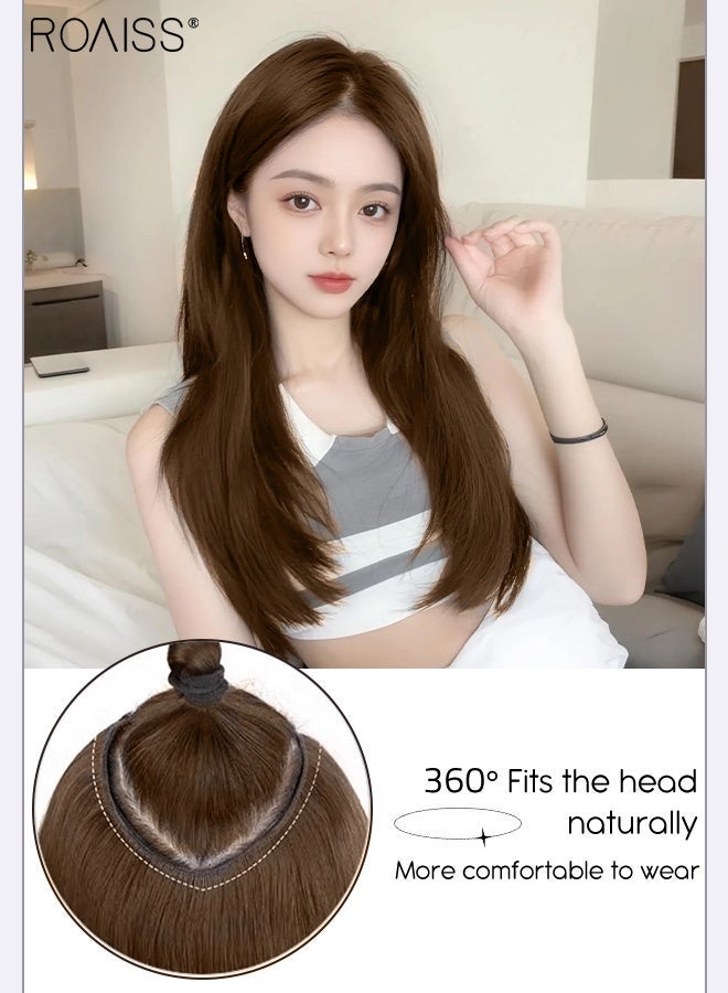 roaiss V-Shaped Layered Straight Hair Invisible Clip-in Extension, One Piece Hair Extension Wig with 5 Clips, Heat Resistant Synthetic Hairpiece for Women , Increase Hair Volume Light Brown, 55cm (21.7 inches) - Image 3