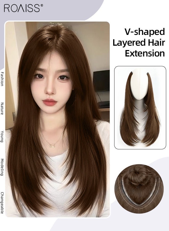 roaiss V-Shaped Layered Straight Hair Invisible Clip-in Extension, One Piece Hair Extension Wig with 5 Clips, Heat Resistant Synthetic Hairpiece for Women , Increase Hair Volume Light Brown, 55cm (21.7 inches) - Image 1