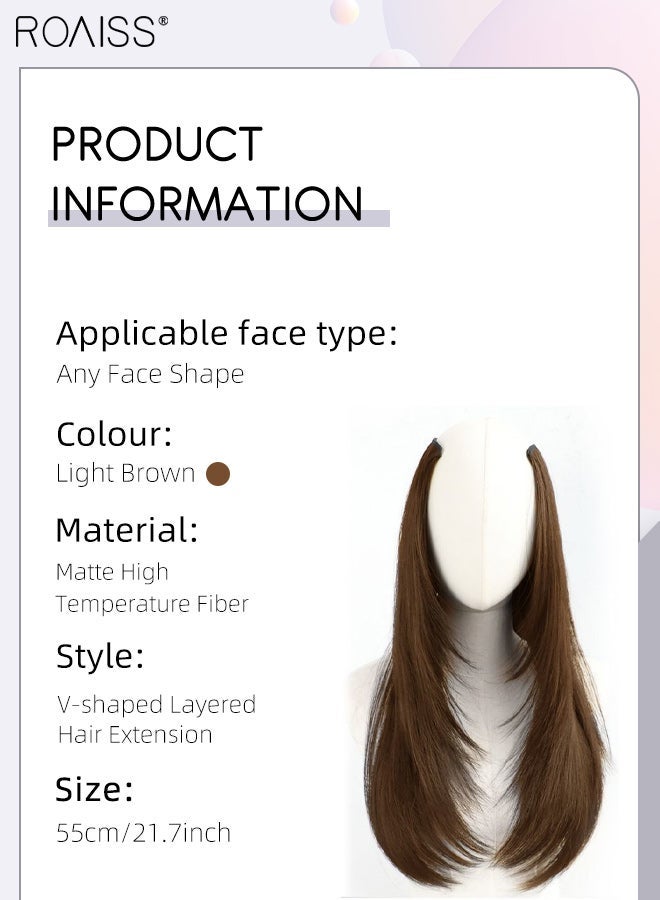 roaiss V-Shaped Layered Straight Hair Invisible Clip-in Extension, One Piece Hair Extension Wig with 5 Clips, Heat Resistant Synthetic Hairpiece for Women , Increase Hair Volume Light Brown, 55cm (21.7 inches) - Image 2