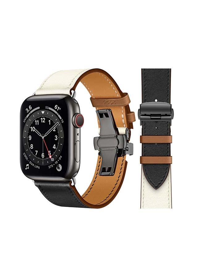 Perfii Genuine Leather Replacement Band with Black Buckle for Apple Watch Series 6/SE/5/4/3/2/1 44/42mm White/Black - Image 1