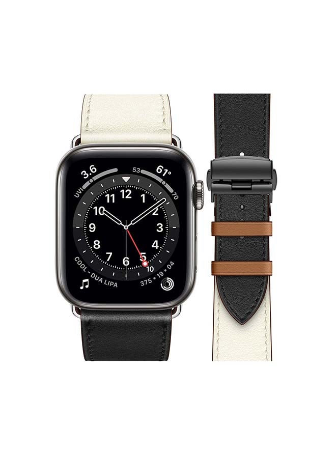 Perfii Genuine Leather Replacement Band with Black Buckle for Apple Watch Series 6/SE/5/4/3/2/1 44/42mm White/Black - Image 2