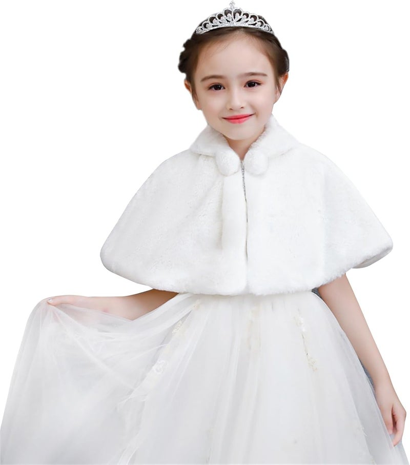 SK Studio Girls Princess Faux Fur Flower Bolero Shrug Party Wedding Dress Up White - Image 1