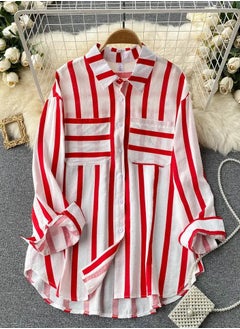 Loquat Women's Striped Button Down Shirts Casual Long Sleeve Stylish Blouses Tops with Pockets Red Stripes 