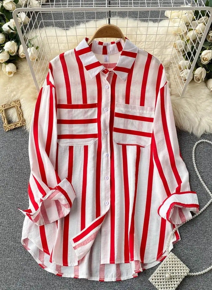 Loquat Women's Striped Button Down Shirts Casual Long Sleeve Stylish Blouses Tops with Pockets Red Stripes 