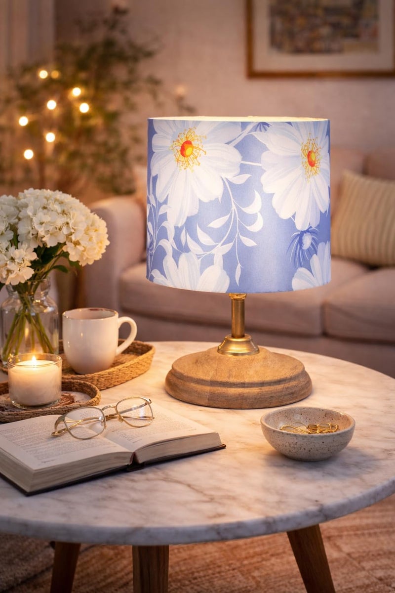 tu casa Wooden Base Bedside Table Lamp with Narcissus Floral Print Satin Shade | Modern Decorative Lamp for Bedroom, Living Room, Office & Gifting - Image 2