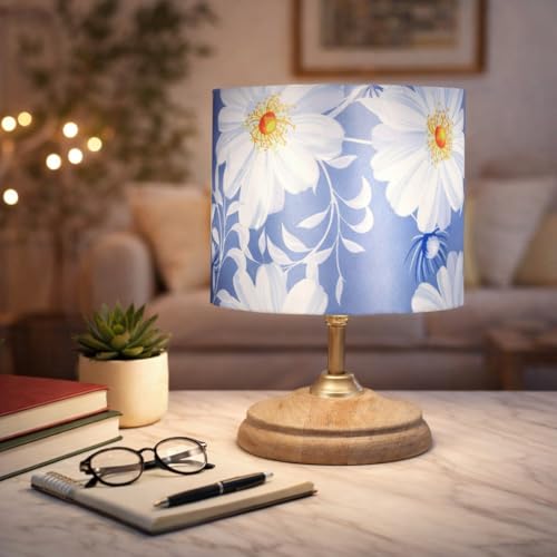 tu casa Wooden Base Bedside Table Lamp with Narcissus Floral Print Satin Shade | Modern Decorative Lamp for Bedroom, Living Room, Office & Gifting - Image 1