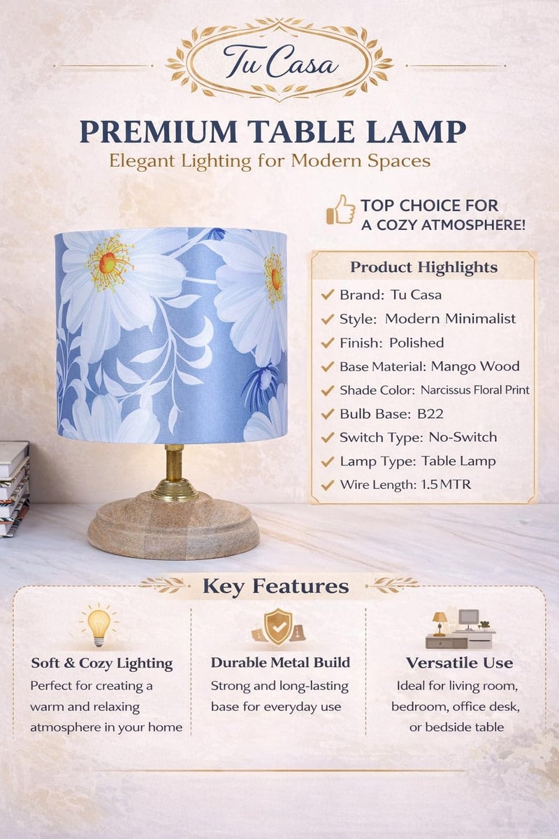 tu casa Wooden Base Bedside Table Lamp with Narcissus Floral Print Satin Shade | Modern Decorative Lamp for Bedroom, Living Room, Office & Gifting - Image 3