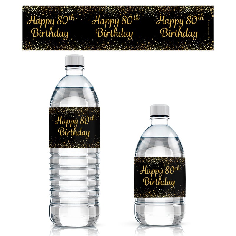 DISTINCTIVS Black and Gold 80th Birthday Party Water Bottle Labels 80th Birthday Decorations Waterproof Stickers for Water Bottles  24 Stickers 