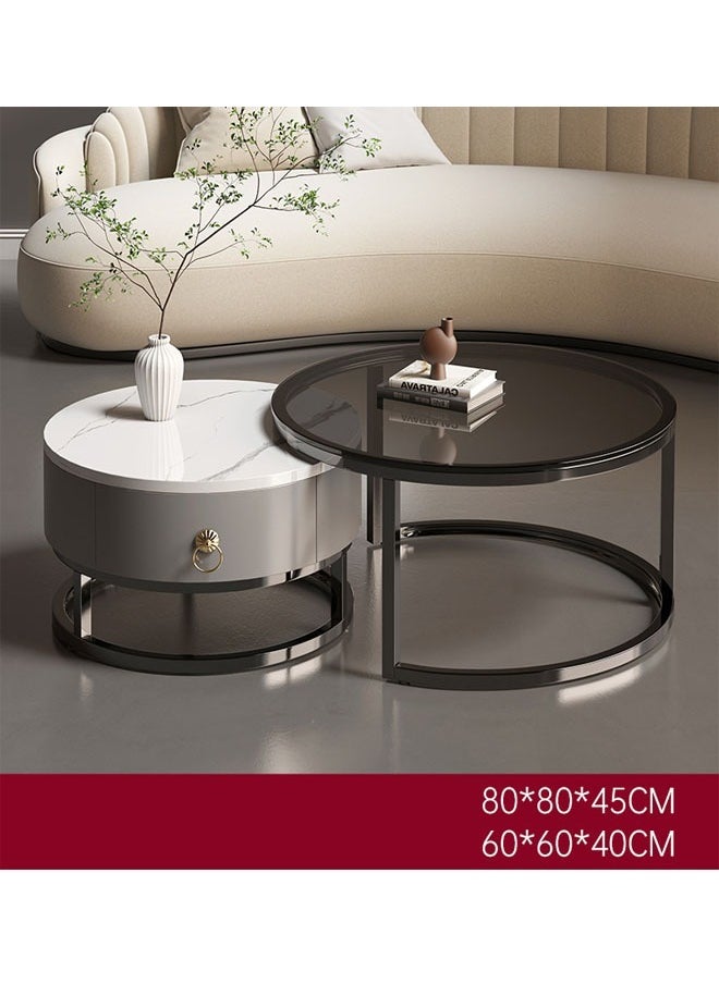 NKX - Set Of 2 Modern Round Coffee Table With Top Marble Stone and Metal Frame - Image 1