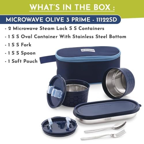 Magnus Microwave Safe Olive 3 Prime Lunch Box Set - Stainless Steel Containers with Roti Slot, Fork & Spoon Included, Insulated Bag - Lunch Box for Kids, Lunch Boxes for Office Men, Women, School - Image 2