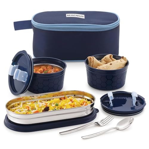 Magnus Microwave Safe Olive 3 Prime Lunch Box Set - Stainless Steel Containers with Roti Slot, Fork & Spoon Included, Insulated Bag - Lunch Box for Kids, Lunch Boxes for Office Men, Women, School - Image 1