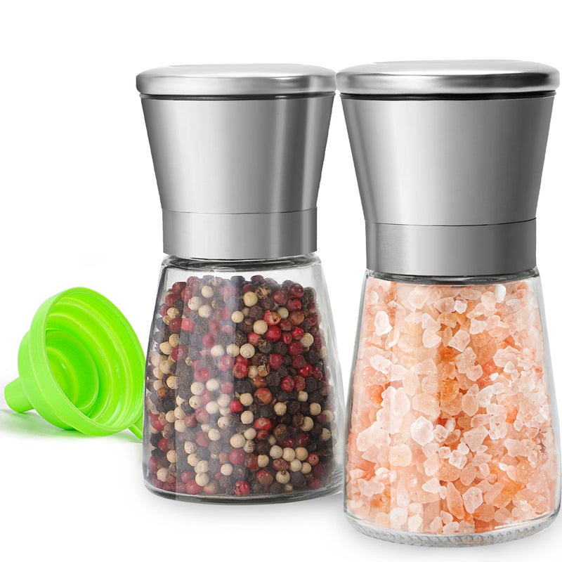 M JINGMEI Stainless Steel Salt and Pepper Grinder Set of 2 - Pepper Mill & Salt Mill with Adjustable Coarseness - Glass Spice Shakers - Easy Clean Ceramic Grinders W/Funnel (2.6"W x 5.3"H) - Image 1