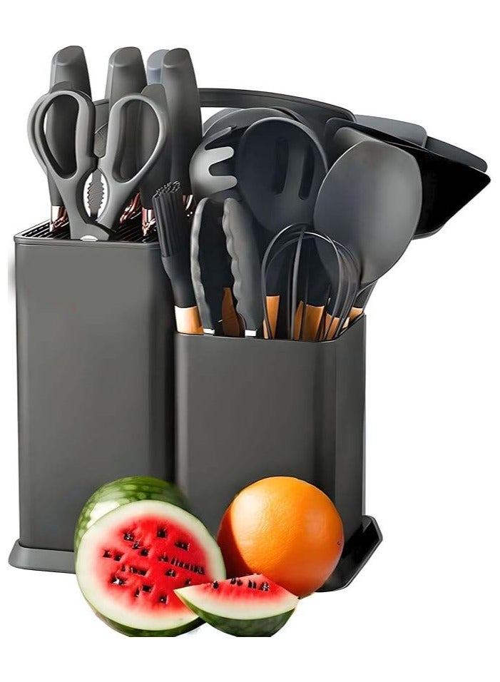 19-Piece Black Kitchen Set - Premium Silicone Utensils & Stainless Steel Knives with Storage Block - Image 1