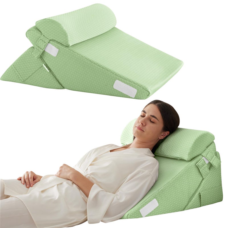 Bedluxe 3Pcs Orthopedic Bed Wedge Pillow Set, Foam Wedge Pillow Post Surgery for Back, Leg and Knee Support, Adjustable 9&12 Inch Folding Triangle Pillow for Sleeping, Acid Reflux, Snoring, Green - Image 1