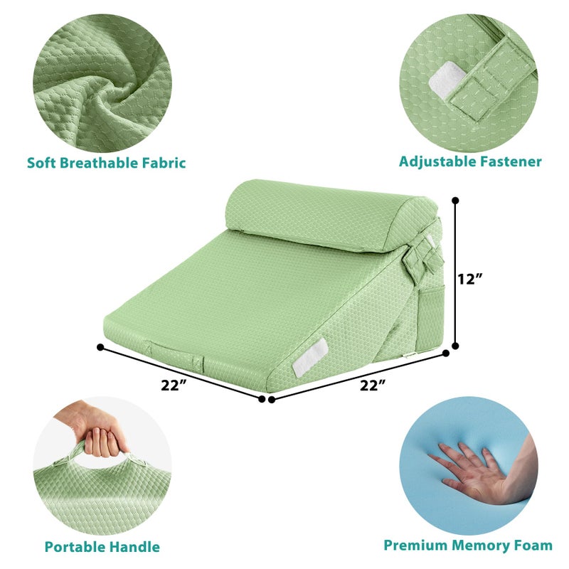 Bedluxe 3Pcs Orthopedic Bed Wedge Pillow Set, Foam Wedge Pillow Post Surgery for Back, Leg and Knee Support, Adjustable 9&12 Inch Folding Triangle Pillow for Sleeping, Acid Reflux, Snoring, Green - Image 3