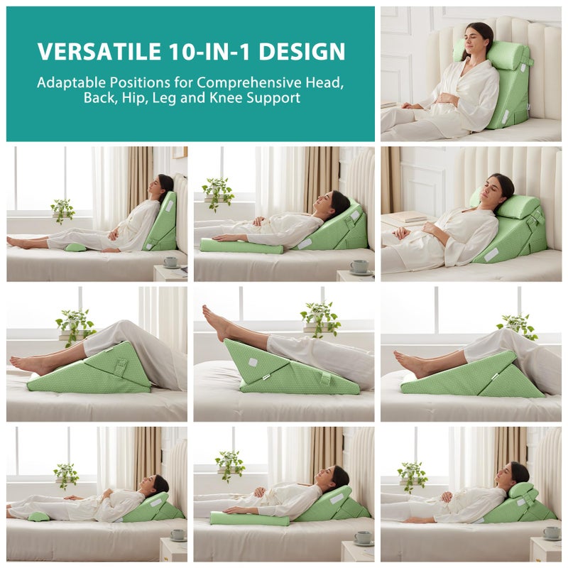 Bedluxe 3Pcs Orthopedic Bed Wedge Pillow Set, Foam Wedge Pillow Post Surgery for Back, Leg and Knee Support, Adjustable 9&12 Inch Folding Triangle Pillow for Sleeping, Acid Reflux, Snoring, Green - Image 2