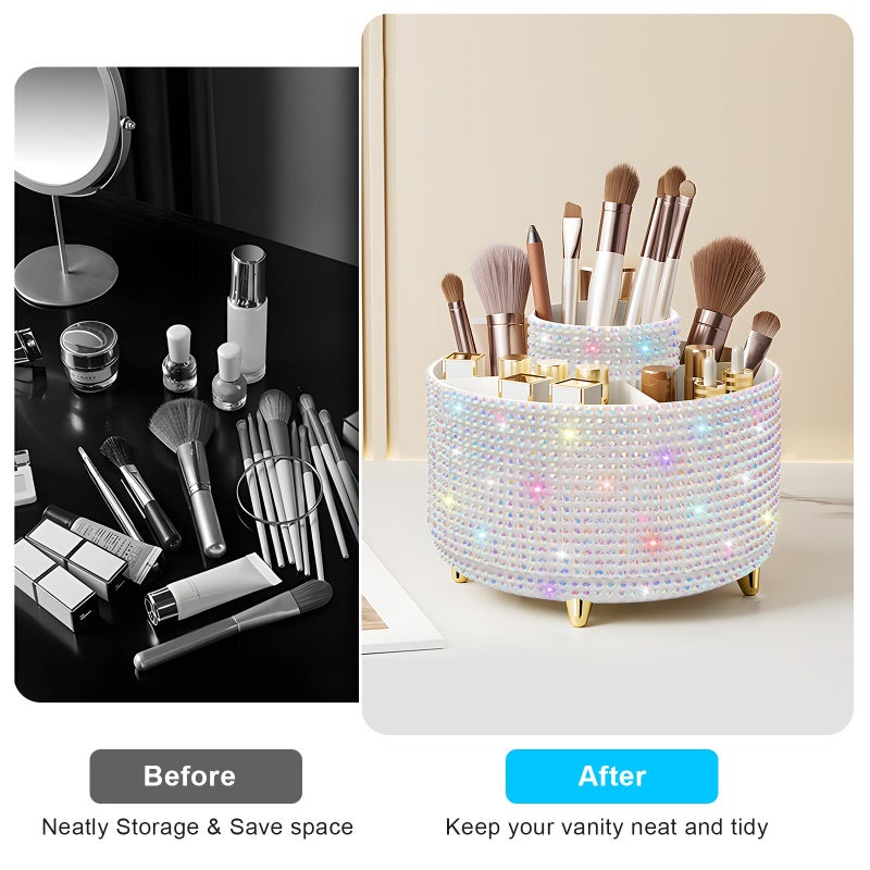 Diesisa Bling Diamond 360Â° Makeup Brush Holder Organizer, Rotating Makeup Brush Organizer,5 Slot Make up Brushes Cup for Cosmetics, Vanity Desktop Organizer, Gift for Women Teen Girls- Diamond White - Image 3