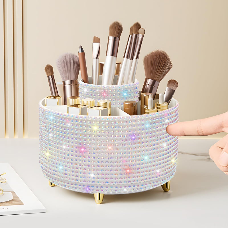 Diesisa Bling Diamond 360Â° Makeup Brush Holder Organizer, Rotating Makeup Brush Organizer,5 Slot Make up Brushes Cup for Cosmetics, Vanity Desktop Organizer, Gift for Women Teen Girls- Diamond White - Image 1