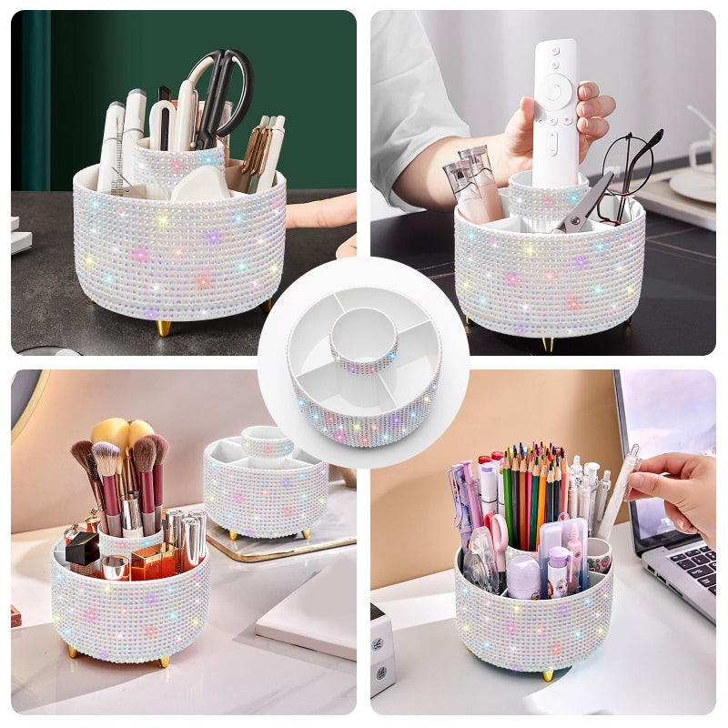 Diesisa Bling Diamond 360Â° Makeup Brush Holder Organizer, Rotating Makeup Brush Organizer,5 Slot Make up Brushes Cup for Cosmetics, Vanity Desktop Organizer, Gift for Women Teen Girls- Diamond White - Image 5