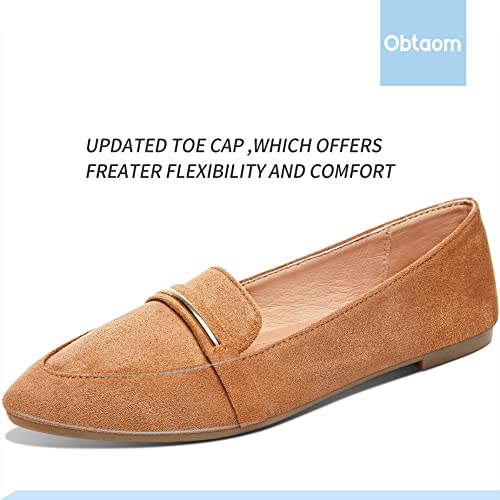 Obtaom Women's Pointy Toe Loafer Flat Comfortable Faux Suede Work Shoes,Cute Penny Loafer Slip On Ballet Flat(Orange/Tan US9) - Image 3