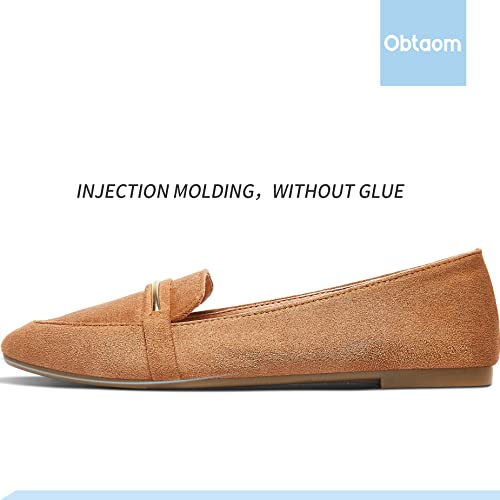 Obtaom Women's Pointy Toe Loafer Flat Comfortable Faux Suede Work Shoes,Cute Penny Loafer Slip On Ballet Flat(Orange/Tan US9) - Image 2