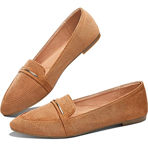 Obtaom Women's Pointy Toe Loafer Flat Comfortable Faux Suede Work Shoes,Cute Penny Loafer Slip On Ballet Flat(Orange/Tan US9) - Image 1