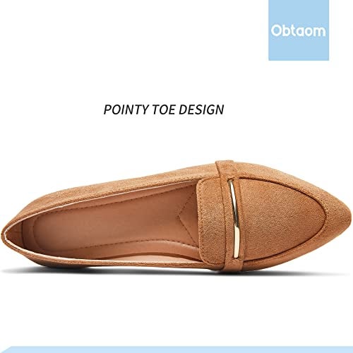 Obtaom Women's Pointy Toe Loafer Flat Comfortable Faux Suede Work Shoes,Cute Penny Loafer Slip On Ballet Flat(Orange/Tan US9) - Image 4