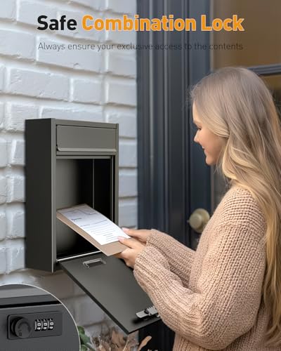 Uniclife Wall Mount Mailbox for Outside Large Locking Mailbox with Combination Lock Security Mail Box for House Safe Key Drop Box Post Box Steel Cash Drop Box for Home Office School Black - Image 3