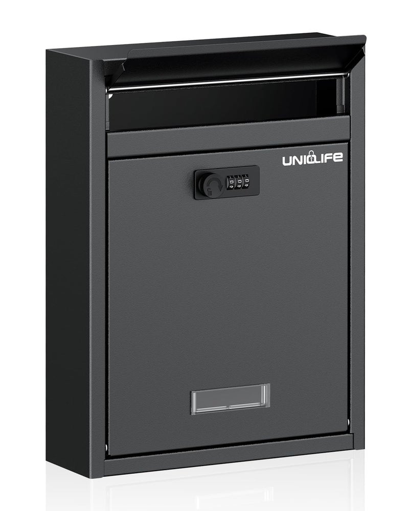 Uniclife Wall Mount Mailbox for Outside Large Locking Mailbox with Combination Lock Security Mail Box for House Safe Key Drop Box Post Box Steel Cash Drop Box for Home Office School Black - Image 2