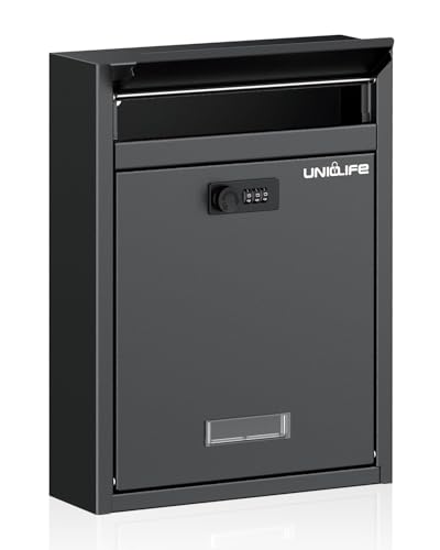 Uniclife Wall Mount Mailbox for Outside Large Locking Mailbox with Combination Lock Security Mail Box for House Safe Key Drop Box Post Box Steel Cash Drop Box for Home Office School Black - Image 1